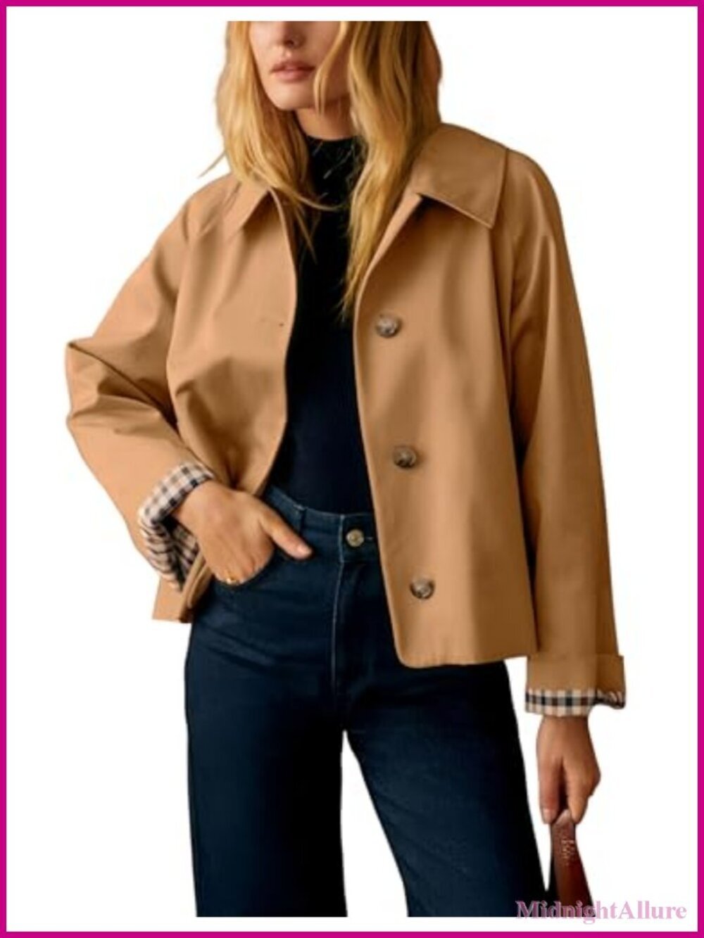 Short Trench Jacket Plaid Lining Button Front Lightweight Casual Outerwear